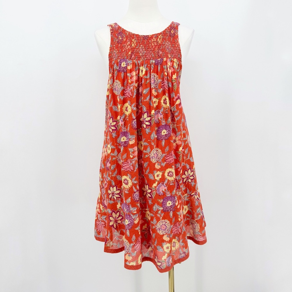 Free People Orange Floral Smocked Mini Dress Sleeveless V-Back XS Boho Fetival